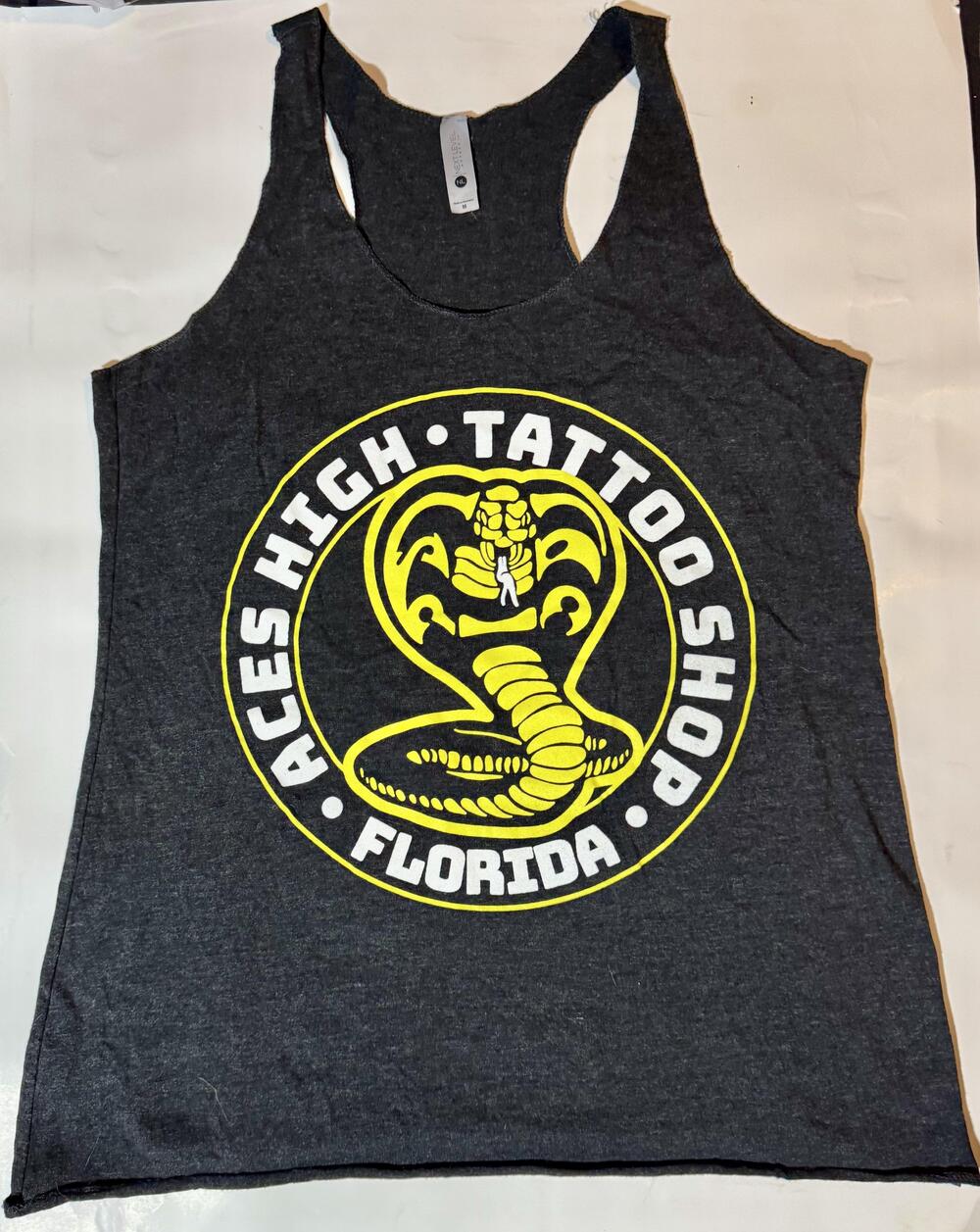Aces High Tattoo Shop Shirt Womens Medium Gray Racerback Tank Top Florida